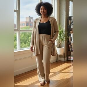 Vikki Vi Neutral Tan Open-Front Cardigan, Pants & Tank Set